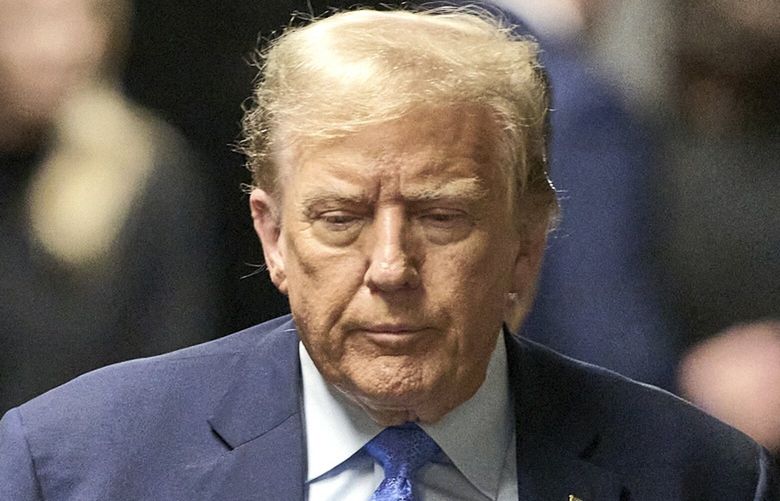 Former President Donald Trump exits the courtroom during his trial at Manhattan criminal court , Friday, April 26, 2024, in New York. (Curtis Means/DailyMail.com via AP) NYDD227 NYDD227