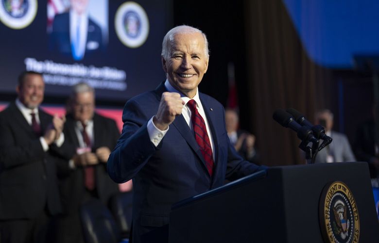 President Joe Biden pumps his fist as he delivers remarks at North America’s Building Trade Union National Legislative Conference at the Washington Hilton in Washington, Wednesday, April 24, 2024. President Biden has been trying to hit his opponent where it hurts, critiquing everything from his hairstyle to his energy levels in court. (Doug Mills/The New York Times) XNYT0224 XNYT0224