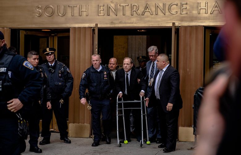 FILE — Hollywood producer Harvey Weinstein, using a walker, leaves court in Manhattan after appearing for his criminal rape and sexual assault trial on Jan. 6, 2020. New York’s highest court on Thursday, April 25, 2024, overturned Weinstein’s 2020 conviction on felony sex crime charges, a stunning reversal in the foundational case of the #MeToo era. (Hilary Swift/The New York Times) XNYT0461 XNYT0461