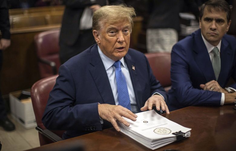 Former President Donald Trump in the courtroom for his criminal trial at Manhattan Criminal Court in Manhattan, on Friday, April 26, 2024. Trump’s lawyers are to continue a cross-examination of David Pecker, the former publisher of The National Enquirer and a witness for the prosecution. Trump stands accused of covering up a sex scandal surrounding the 2016 presidential campaign. (Dave Sanders/The New York Times) XNYT0936 XNYT0936