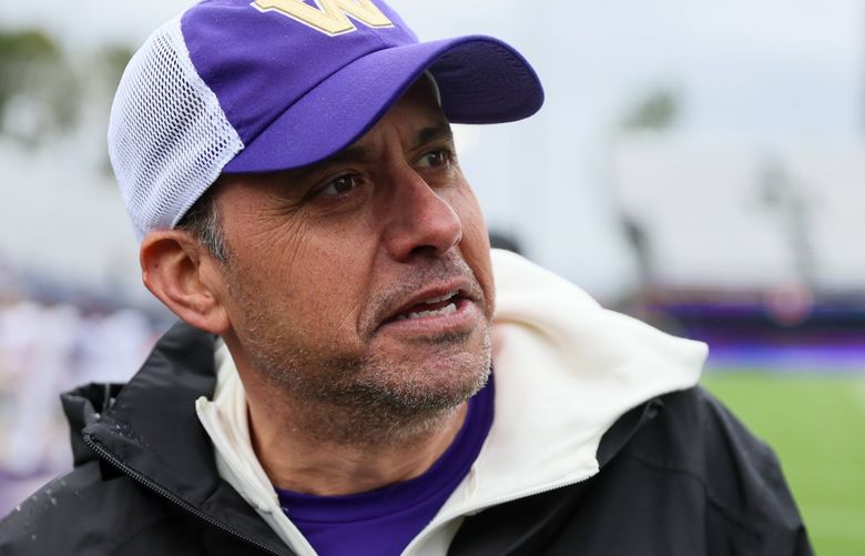 Jedd Fisch, head coach, fields questions after practice Saturday morning at Husky Stadium in Seattle, Washington, on April 27, 2024. 226737 (Kevin Clark / The Seattle Times)