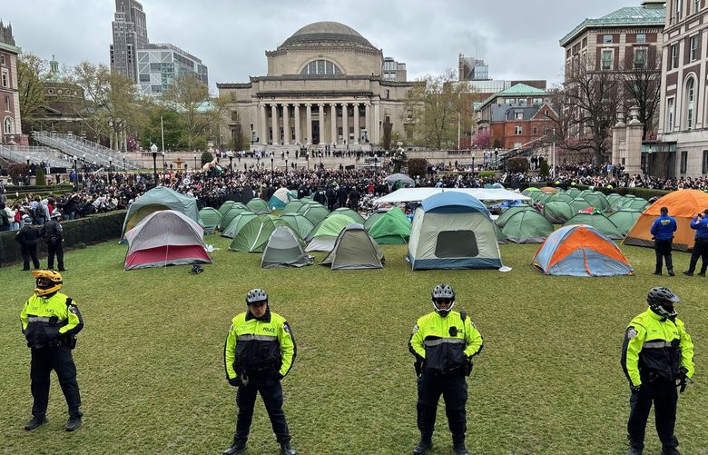 An encampment at Columbia University in New York on April 18, 2024. Scenes of chaos unfolding on campuses across the country are stoking internal divisions and carry political risk as a major election year unfolds. (C.S. Muncy/The New York Times) XNYT0228 XNYT0228