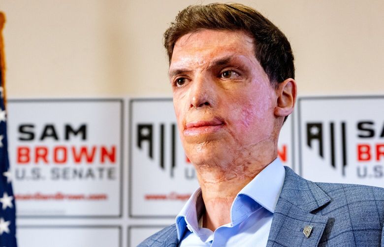 Sam Brown, a Republican candidate for Senate, in Reno, Nev. on Saturday, April 27, 2024. Sam Brown, a former U.S. Army captain, was left permanently scarred from a Taliban bomb in 2008. (Emily Najera/The New York Times) XNYT0424 XNYT0424