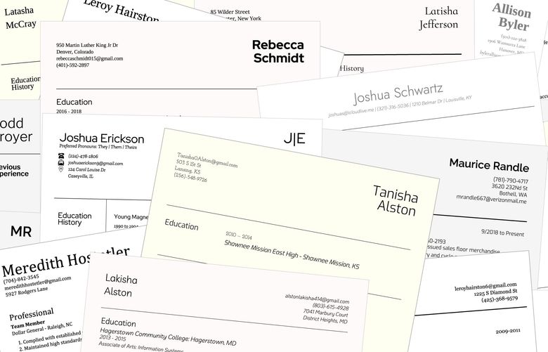 A photo illustration showing fictitious resumes. A group of economists recently performed an experiment on around 100 of the largest companies in the country, applying for jobs using made-up rŽsumŽs with equivalent qualifications but different personal characteristics. Some companies discriminated against Black applicants much more than others, and H.R. practices made a big difference. (The New York Times)