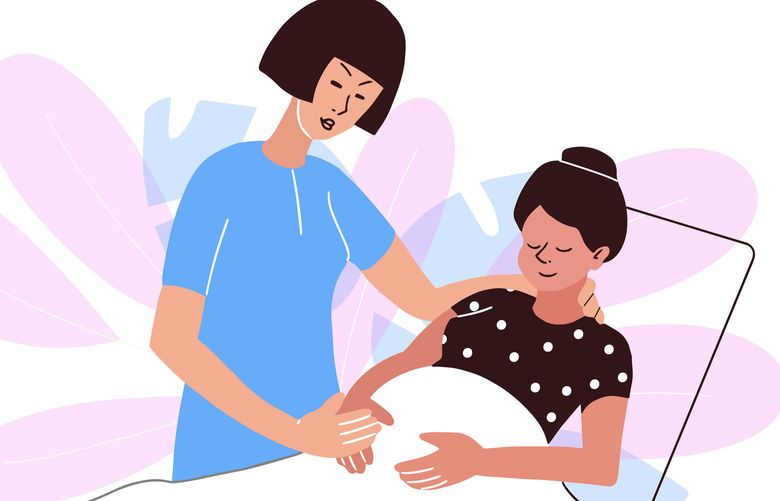 Pregnant Woman with Doula Support. Nurse helps the patient. Flat style vector illustration