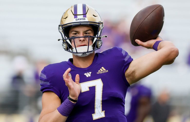 Washington Huskies quarterback Sam Huard throws out a psss during warm-ups before the start of a game against Michigan State, Saturday, Sept. 17, 2022, in Seattle. 221586