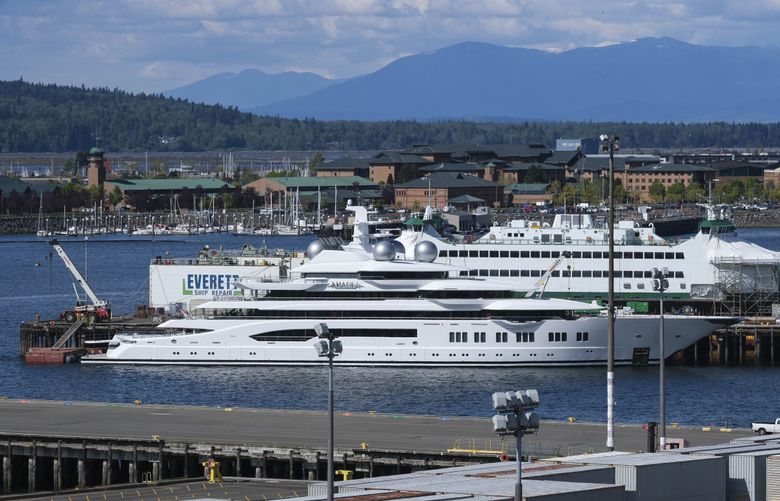 The $300 million superyacht once owned by a Russian oligarch is currently moored in Everett awaiting repair. 226778 (Dean Rutz / The Seattle Times)