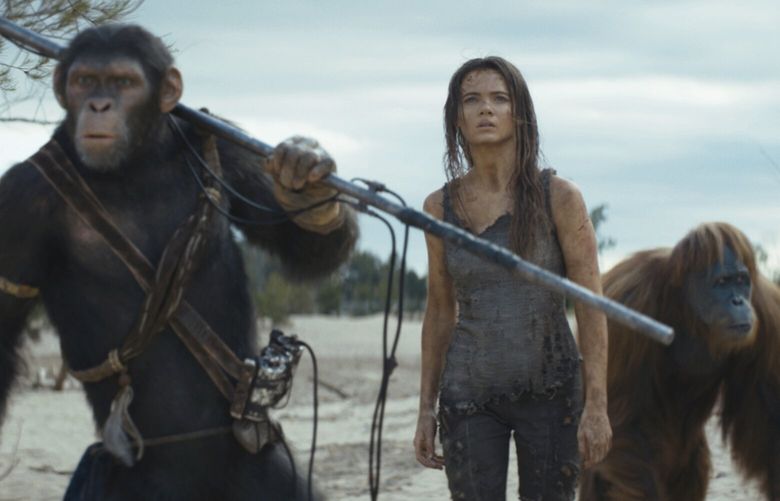 This image released by 20th Century Studios shows Noa, played by Owen Teague, from left, Freya Allan as Nova, and Raka, played by Peter Macon, in a scene from “Kingdom of the Planet of the Apes.”  (20th Century Studios via AP) GAAK350 GAAK350