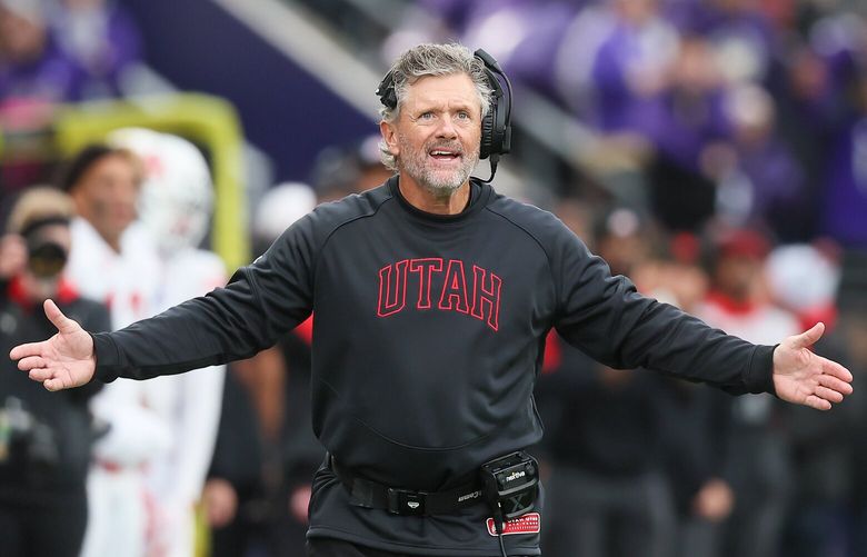 Utah Utes head coach Kyle Whittingham in wonderment over a call Saturday afternoon at the Husky Stadium in Seattle, Washington on November 11, 2023. The Huskies won 35-28 225478