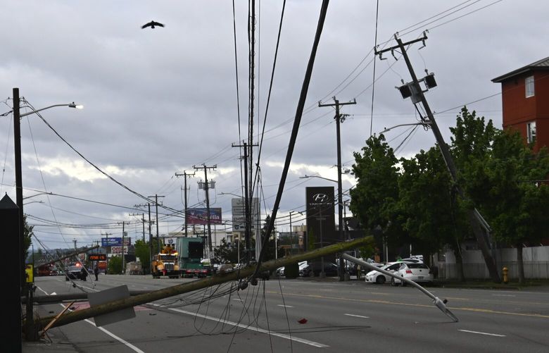 A crash knocked down a power pole on Aurora Avenue North in North Seattle Sunday afternoon, knocking out electricity for at least 765 people Sunday, May 5, 2024.