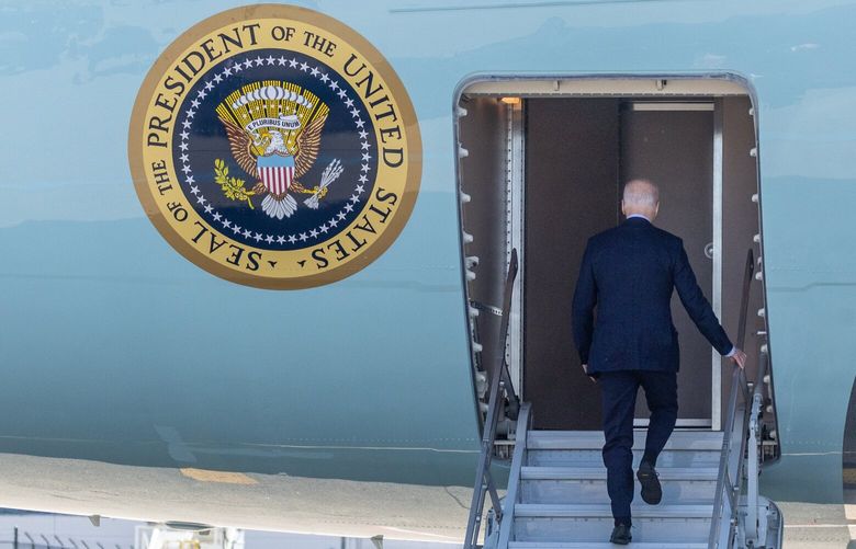 President Joe Biden boards Air Force One Saturday afternoon at Seattle Tacoma International Airport in SeaTac, Washington, on May 11, 12024. 226916