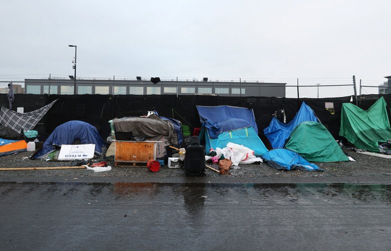 Tents line 3rd Ave. S. in SoDo on a chilly, rainy day in Seattle on Wednesday, January 17, 2024.