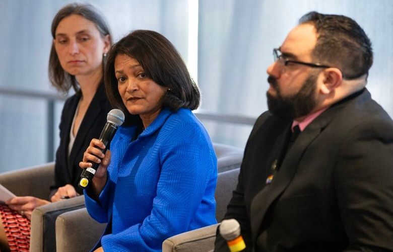 Susheela Jayapal, aformer Multnomah County Commissioner (center), was one of four candidates running for Oregon’s 3rd Congressional District who participated in a debate held at the Hilton hotel in downtown Portland the morning of Thurs., April 11, 2024.