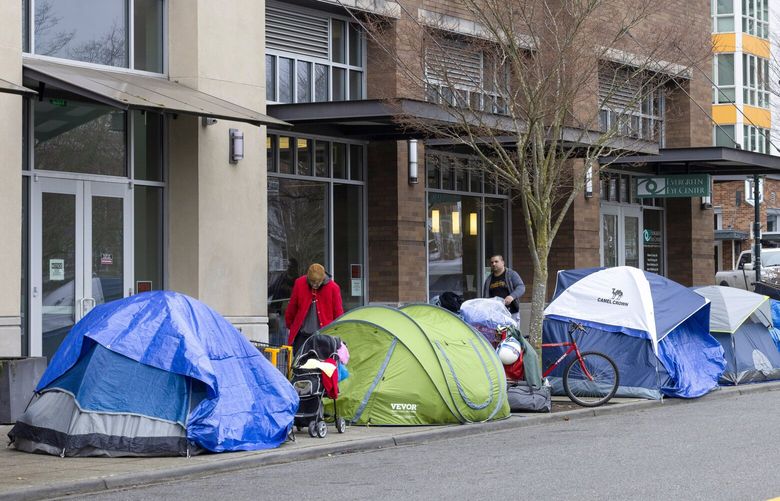 Homeless tents along 5th Ave. SW near SW 152nd St., Monday, March 11, 2024 in Burien. People are now allowed to camp at this location 24 hours a day.  

King County will be announcing more news today related to Burien’s recently tightened camping law.
 226407