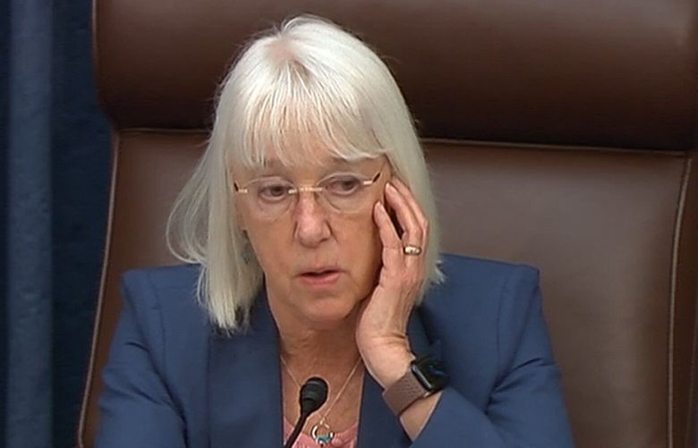 In this image from video from Senate Television, Sen. Patty Murray, D-Wash., listens as she presides over the Senate acting as a court of impeachment, during the impeachment trial of Homeland Security Secretary Alejandro Mayorkas on the Senate floor at the U.S. Capitol, Wednesday, April 17, 2024, in Washington. (Senate Television via AP) DCJE417