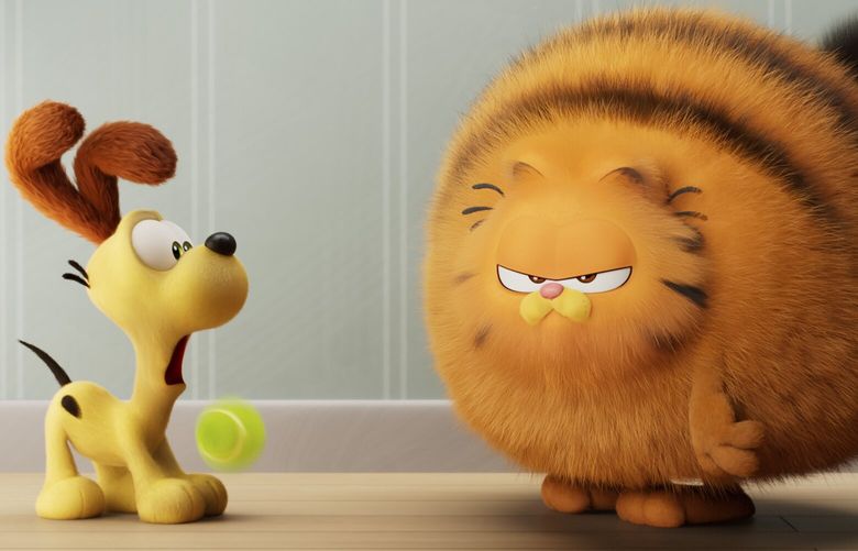 This image released by Sony Pictures shows characters Odie, voiced by Harvey Guillén, left, and Garfield, voiced by Chris Pratt, in a scene from the animated film “The Garfield Movie.” (Columbia Pictures/Sony via AP) NYET132 NYET132