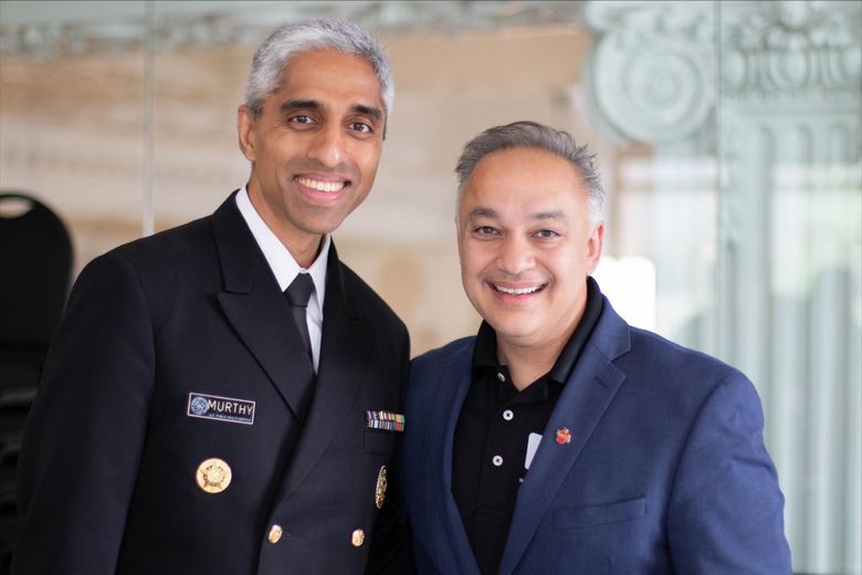Washington State Health Secretary  Umair Shah, right,  and U.S. Surgeon General Vivek Murthy discuss loneliness and isolation in Seattle on Wednesday. (Washington State Department of Health) 