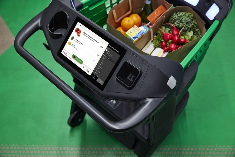 A sensor-equipped smart shopping cart tallies purchases and bills shoppers later through Amazon&#8217;s app, eliminating the traditional checkout process. (Amazon)