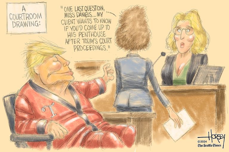 Caption:  A Courtroom Drawing.  Image:  Stormy Daniels is being cross-examined while Donald Trump looks on, clad in pajamas and robe.  Attorney says, 