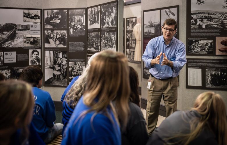 Rabbi Joseph Prass, the education director at the Breman, a Holocaust museum in Atlanta, speaks to a school group from Monticello, Ga., April 17, 2024. Students are bringing up antisemitic tropes and asking survivors and docents: What is Palestine? Is there a genocide in Gaza? (Audra Melton/The New York Times) XNYT0807