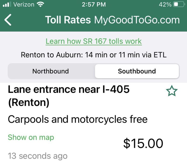 Solo drivers in the Highway 167 toll express lane paid $15 to save 3 minutes. (Screenshot via My Good To Go)