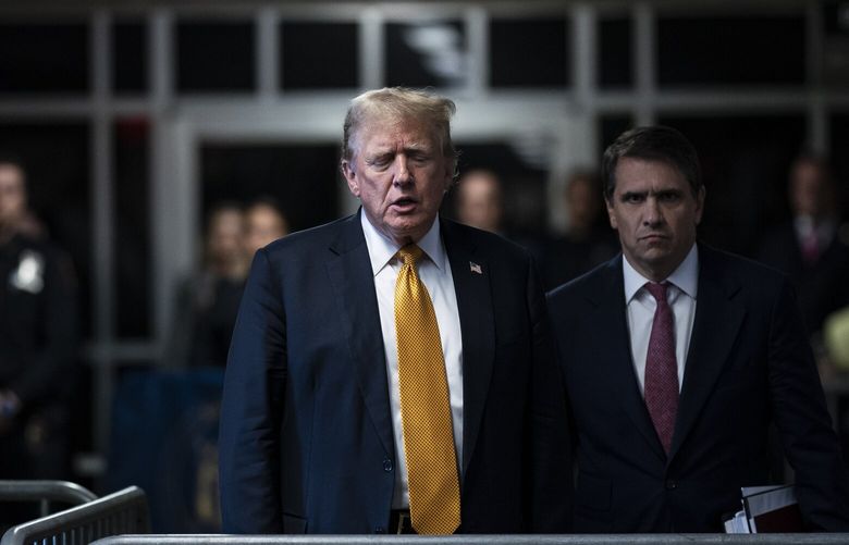 Former president Donald Trump, with attorney Todd Blanche, speaks to reporters outside the courtroom of his Manhattan criminal trial on May 29. MUST CREDIT: Jabin Botsford/The Washington Post