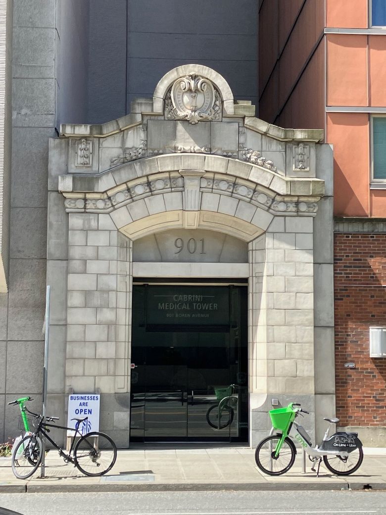 Terra-cotta from the Perry Hotel/Columbus Hospital entrance now serves as the entrance to the Cabrini Medical Tower. (Lawrence Kreisman)