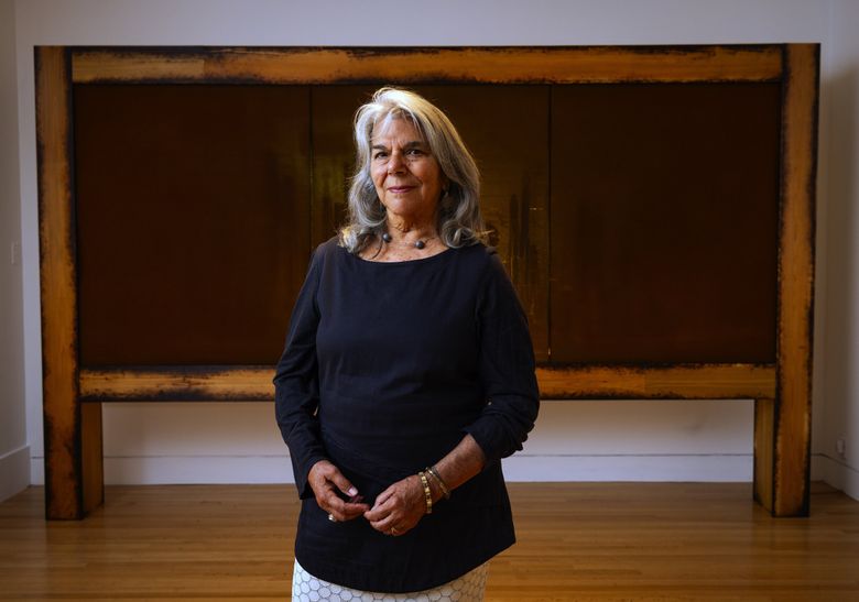 Artist Mary Ann Peters’ first solo museum exhibition — “Mary Ann Peters: the edge becomes the center” — runs through Jan. 5, 2025 at Frye Art 
. Here, Peters stands in front of her 2024 installation,... (Ken Lambert / The Seattle Times)