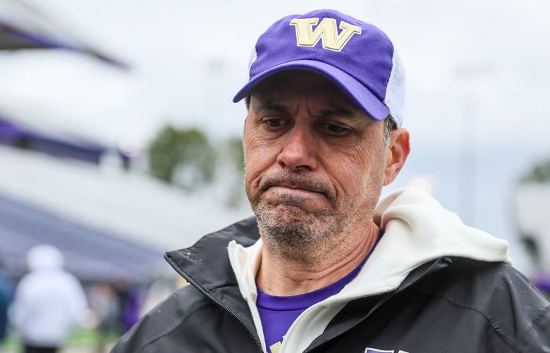 Jedd Fisch, head coach, fields questions after practice Saturday morning at Husky Stadium in Seattle, Washington, on April 27, 2024. 226737