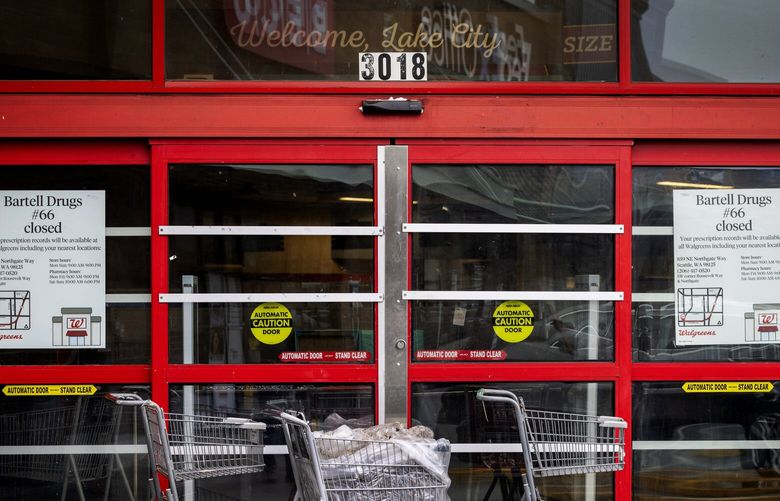 The only Bartell Drugs signage that has not been covered up or removed at this Lake City location are ones stating that the store is permanently closed, Thursday, Dec. 14, 2023, in Seattle.