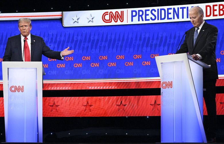 Former President Donald Trump speaks during the first 2024 presidential election debate with President Joe Biden at CNN’s headquarters in Atlanta, on Thursday, June 27, 2024. (Kenny Holston/The New York Times) XNYT0507