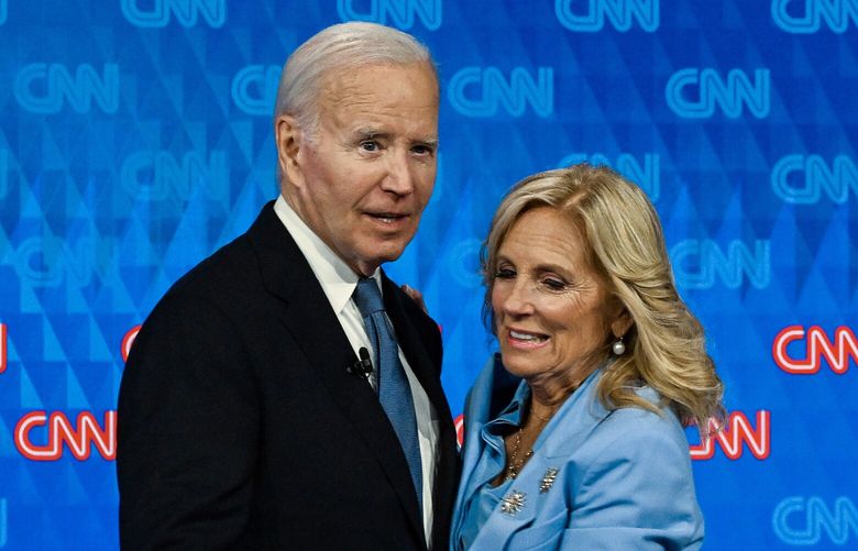 President Joe Biden and first lady Jill Biden prepare to leave the stage after his debate with former President Donald Trump in Atlanta on Thursday, June 27, 2024. Biden’s faltering debate performance has many Democrats worried that he will lose the election, prompting questions that get at the party’s structure and ideological rifts within it. (Kenny Holston/The New York Times) XNYT0784