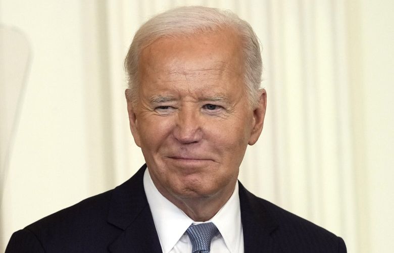 President Joe Biden speaks during a Medal of Honor ceremony at the White House in Washington, Wednesday, July 3, 2024, posthumously honoring two U.S. Army privates who were part of a daring Union Army contingent that stole a Confederate train during the Civil War. U.S. Army Pvts. Philip G. Shadrach and George D. Wilson were captured by Confederates and executed by hanging. (AP Photo/Susan Walsh) DCSW339 DCSW339