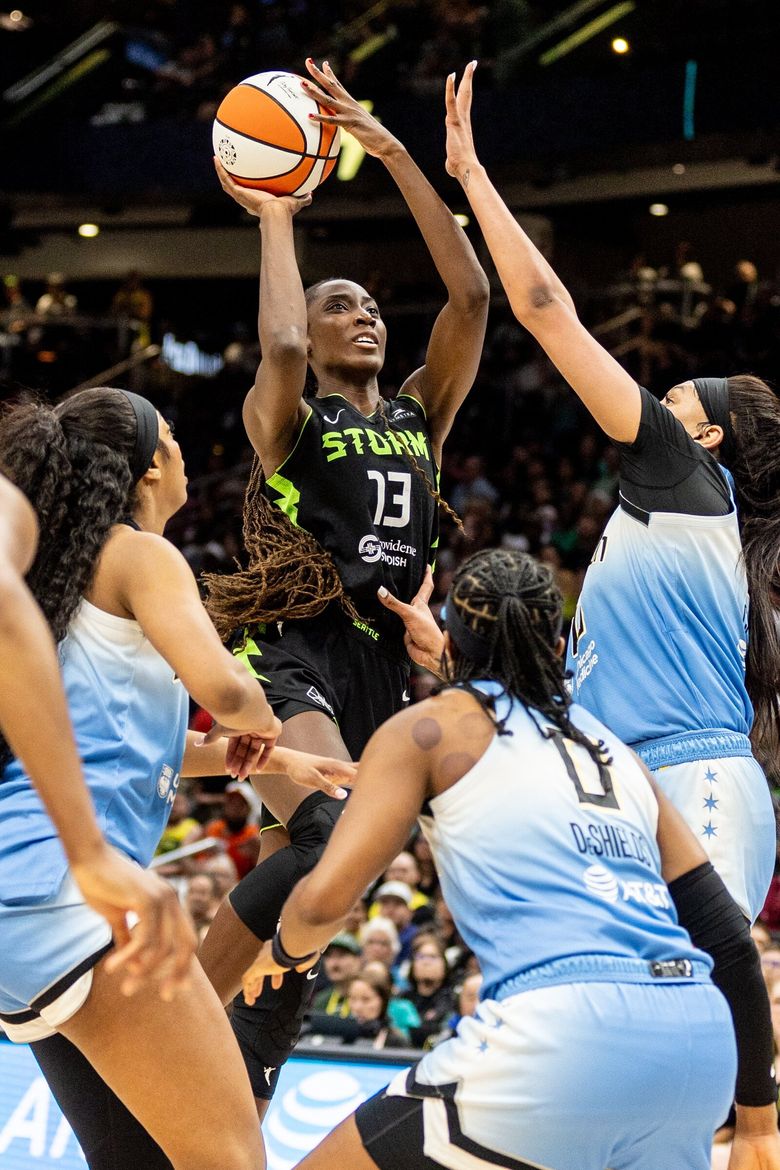 Seattle Storm center Ezi Magbegor attempts a shot in the lane Friday, July 5, 2024, in Seattle. (Kevin Clark / The Seattle Times)