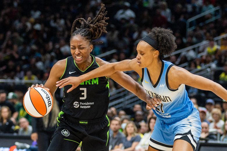 Seattle Storm forward Nneka Ogwumike drives the lane with Chicago Sky forward Brianna Turner defending, Friday, July 5, 2024, in Seattle. The Storm lost 88-84. (Kevin Clark / The Seattle Times)