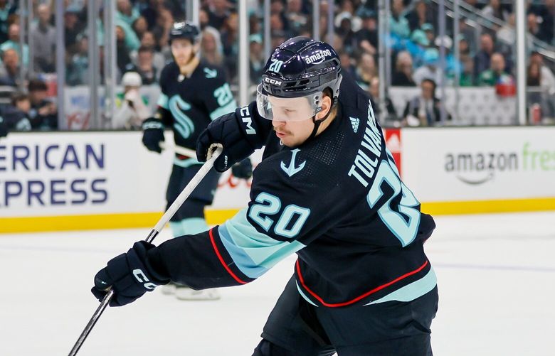 Seattle Kraken right wing Eeli Tolvanen takes a shot during the third period. 223738