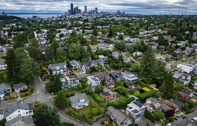 Single family homes viewed from the air across Leschi give way to higher density apartments in the Central District with downtown Seattle off in the distance, Wednesday, June 26, 2024.