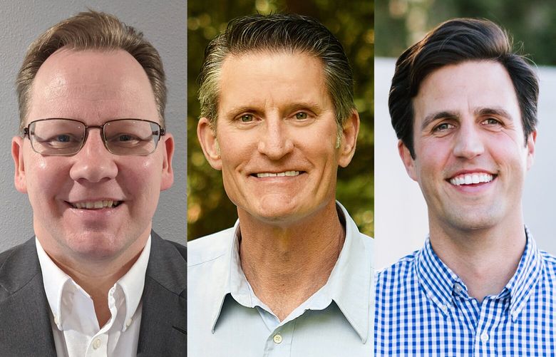 OSPI superintendent candidates from left, incumbent Chris Reykdal, David Olson, and Reid Saaris.