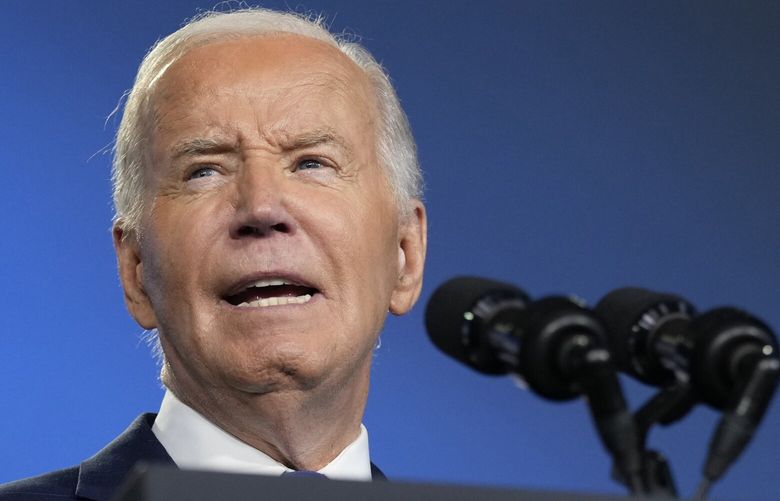 President Joe Biden speaks during an event on the Ukraine Compact on the sidelines of the NATO Summit in Washington, Thursday, July 11, 2024. Biden launched the Ukraine Compact, signed by 25 countries and the European Union, as part of a commitment to Ukraine’s long term security. (AP Photo/Susan Walsh) DCSW605 DCSW605