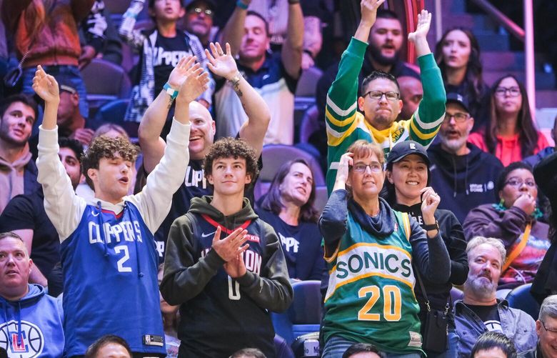 Sonics jerseys were in attendance almost as much as Clipper or Jazz jerseys were.  The Utah Jazz played the Los Angeles Clippers in preseason NBA Basketball Tuesday, Oct. 10, 2023 at Climate Pledge Arena, in Seattle, WA. 225153
