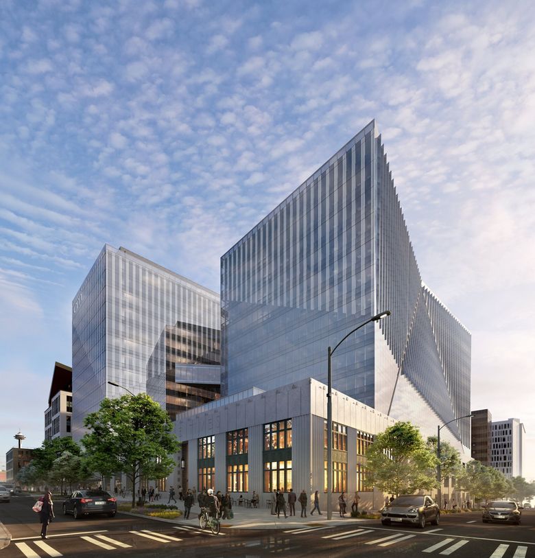 This Perkins&#038;Will architectural rendering of the former Seattle Times building shows the incorporation of its historic facade. (Perkins&#038;Will)