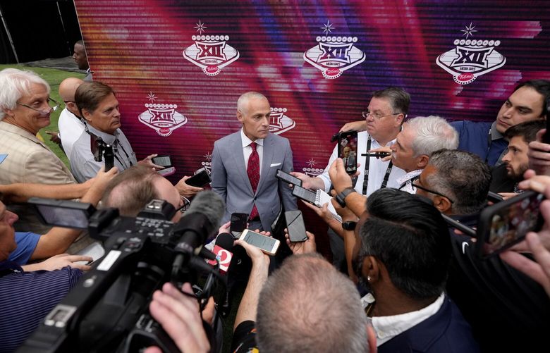 Big 12 Commissioner Brett Yormark answers questions from the media during the Big 12 NCAA college football media days in Las Vegas, Tuesday, July 9, 2024. (AP Photo/Lucas Peltier) NVLP105 NVLP105