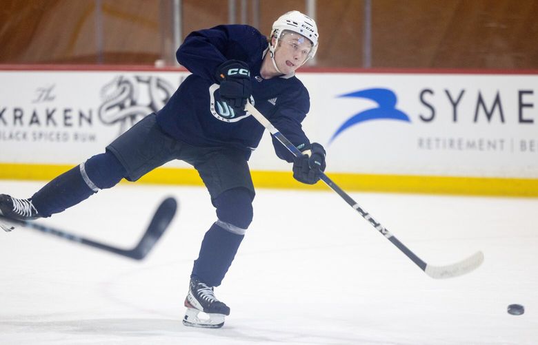 Kraken forward Berkly Catton shoots the puck during a rookie development camp on Tuesday, July 2, 2024, in Seattle.