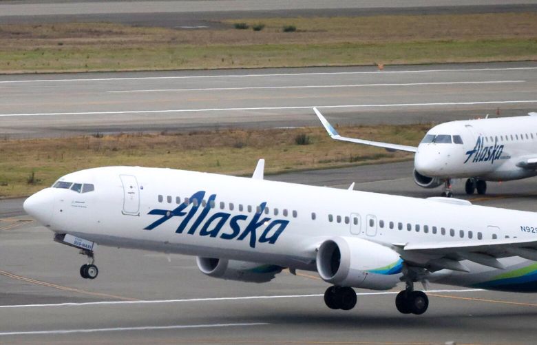 Alaska’s first MAX 9 flight since the blowout takes off from Seattle-Tacoma International Airport to San Diego International Airport, January 26, 2024.