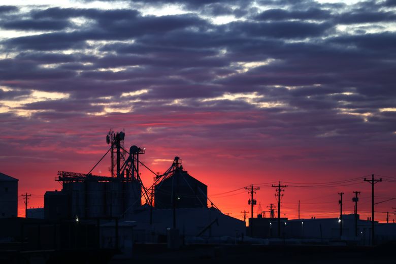 Sunrise in Quincy, Grant County, where agricultural facilities meet transmission lines. (Karen Ducey / The Seattle Times)