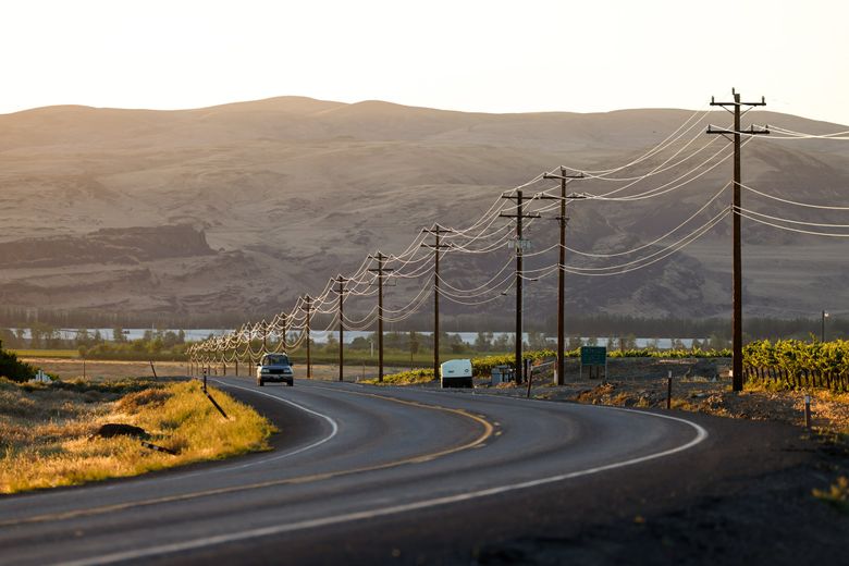 Transmission lines that carry power across the Columbia River Basin run along a highway and agricultural grounds near Vantage. (Karen Ducey / The Seattle Times)