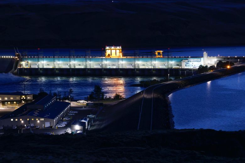 Wanapum Dam, on the Columbia River, is owned by Grant County Public Utility District. Dams in Washington, including those owned by the federal government, produce about a quarter of the nation’s hydropower (Karen Ducey / The Seattle Times)