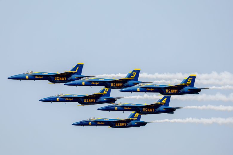 The Blue Angels perform during Seafair in August 2023.  (Jennifer Buchanan / The Seattle Times, 2023)