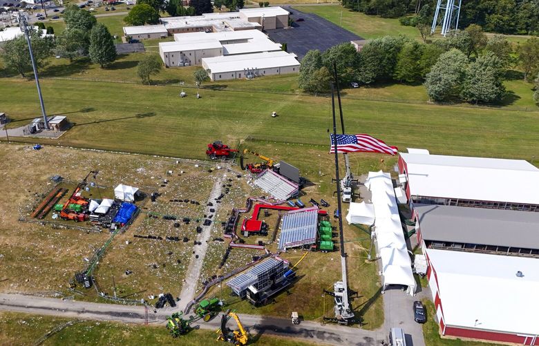 This aerial photo of the Butler Farm Show, site of the Saturday, July 13, 2024 Trump campaign rally, shown Monday, July 15, 2024 in Butler, Pa. On Saturday, Republican presidential candidate former President Donald Trump was wounded during an assassination attempt while speaking at the rally. (AP Photo/Gene J. Puskar) PAGP113