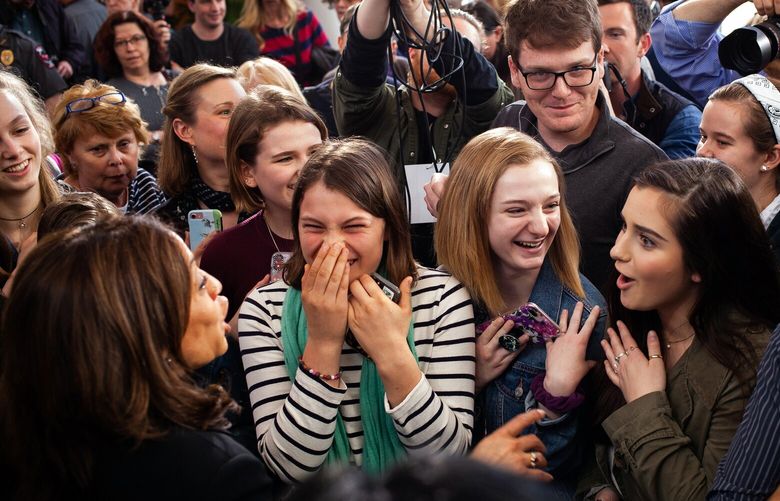 FILE – Sen. Kamala Harris (D-Calif.), then a candidate for the Democratic presidential nomination, meets with members of the audience at the end of a town hall campaign event at Keene State College in Keene, N.H., April 23, 2019. President Joe Biden on Sunday, July 21, 2024, abruptly abandoned his campaign for a second term under intense pressure from fellow Democrats and threw his support to Vice President Kamala Harris to lead their party in a dramatic last-minute bid to stop former President Donald Trump from returning to the White House. (Elizabeth Frantz/The New York Times) XNYT0373 XNYT0373